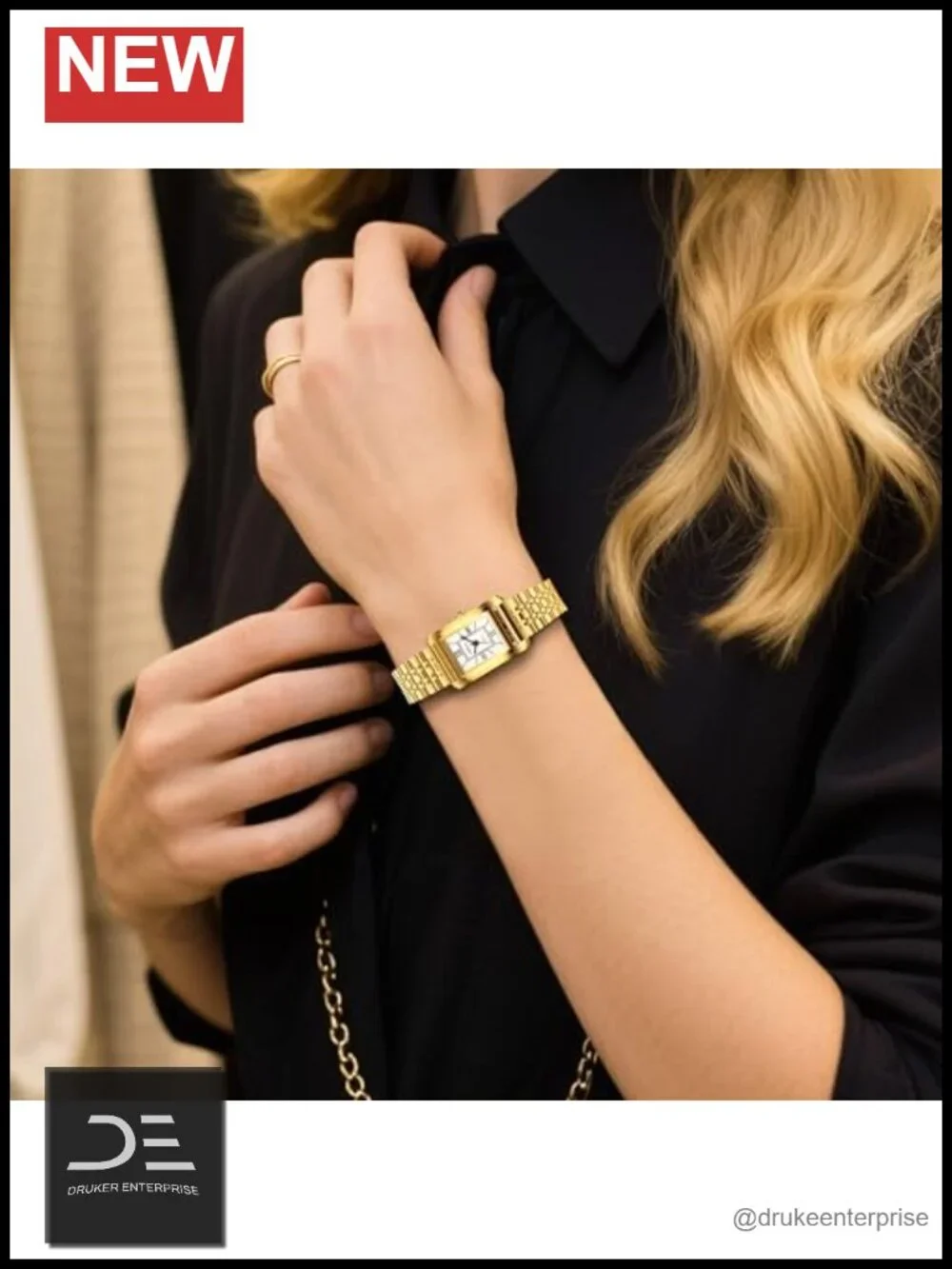 Vintage Rectangle Wrist Watch with Roman Dial, Quartz Movement, Gold Stainless